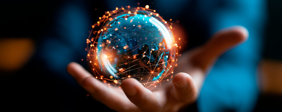 Businessman holding digital network globe for global marketing strategy and creative business development