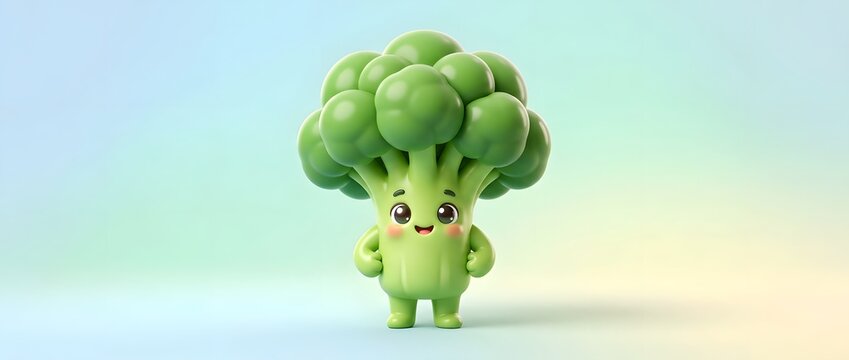 Happy cartoon broccoli character smiling on a colorful gradient background