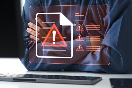 Computer file errors and problems. Unreadable file and failed data recovery. File corruption and data loss caused by ransomware or malware. Businessman with crossed arms and warning icon.