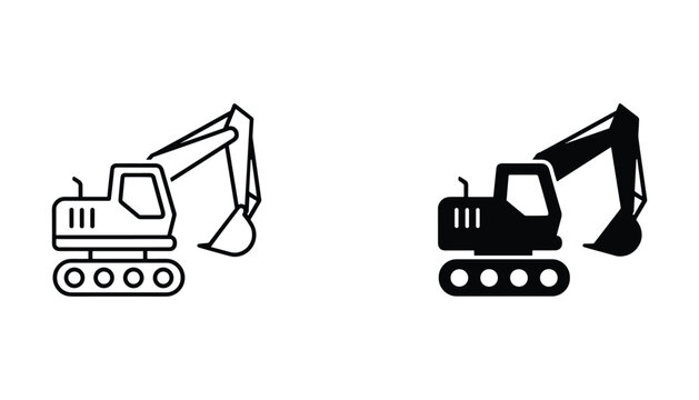 Excavator construction vehicle in outline and solid silhouette for building and heavy industry
