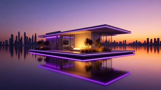 Modern floating villa featuring glowing purple neon accents against a distant urban skyline at sunset with showcases luxurious contemporary illuminated vibrant purple