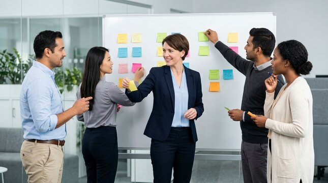 Female leader brainstorming with a diverse business team. Creative colleagues placing sticky notes on a whiteboard in a modern office. Teamwork and collaboration concept