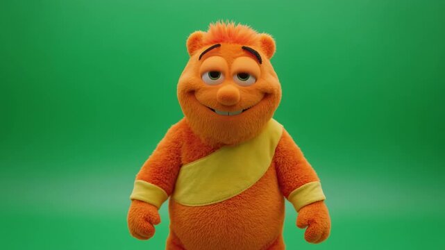 Orange Fuzzy Character Waving Gently with Joyful Expression on Green Screen Background