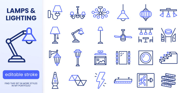 Lighting, interior lamp line icons set. Chandelier, ceiling fan, vanity mirror, LED strip, emergency exit flat minimal vector illustrations. Simple outline signs. Blue duotone color. Editable Stroke.