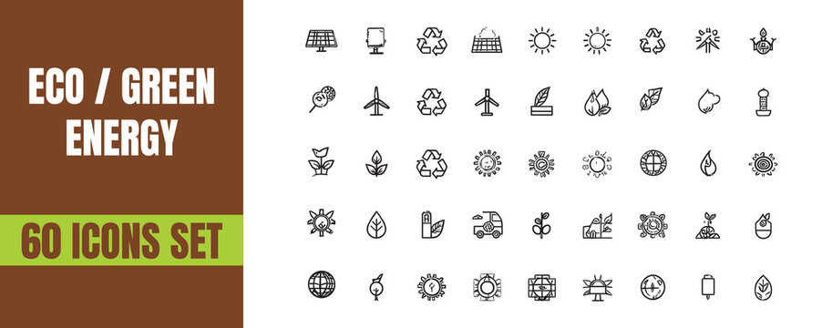 Collection of eco green energy vector icons set depicting renewable sources recycling symbols plants solar power wind turbines water drops globes and various environmental concepts