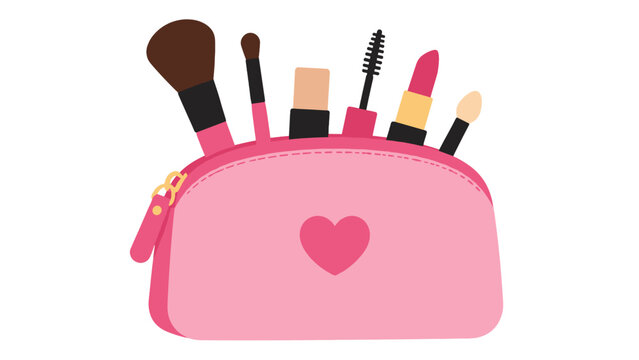 Pink cosmetic bag with makeup tools in flat vector style