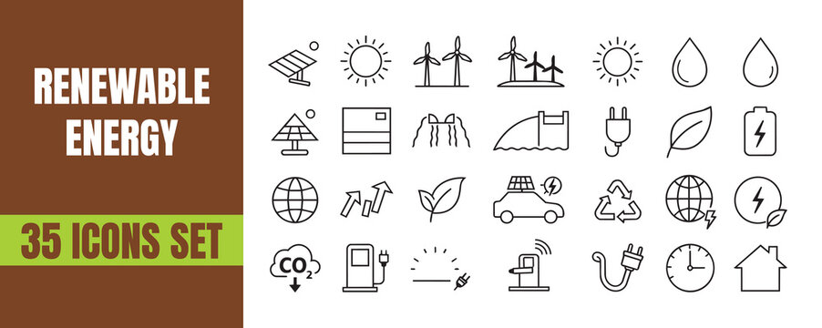 Sustainability Eco Renewable Energy Icons set, Outline Minimal Stroke icon bundle , Solar Wind Battery Power Green Technology Clean Vector UI Icon collections