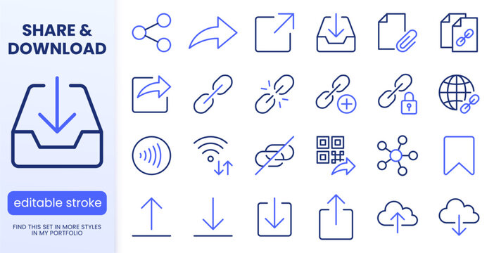 Link share line icons set. Hyperlinks, download, upload, cloud storage, QR code, secure attachment flat minimal vector illustrations. Simple outline ui signs. Blue duotone color. Editable Stroke.