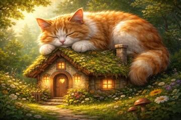 Fototapeta premium Whimsical cat atop cozy cottage.