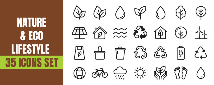 Nature and eco lifestyle Icons set, clean Outline Minimal Stroke icons pack, Leaf Tree Organic Green Living Clean Vector UI Icon bundle Design