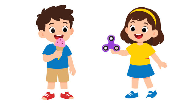 Cartoon children with ice cream and fidget spinner toy