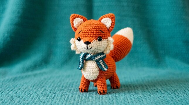 Adorable handmade crochet fox toy with a cute striped scarf, a charming woodland friend.