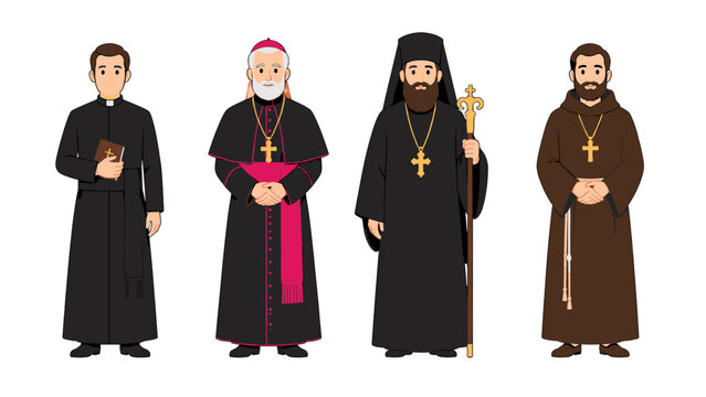 Set of Christian clergy characters in religious robes
