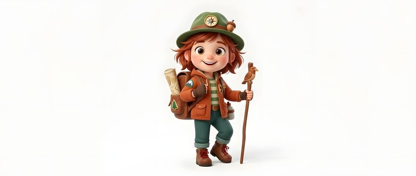 Animated young adventurer with backpack and walking stick ready for exploration
