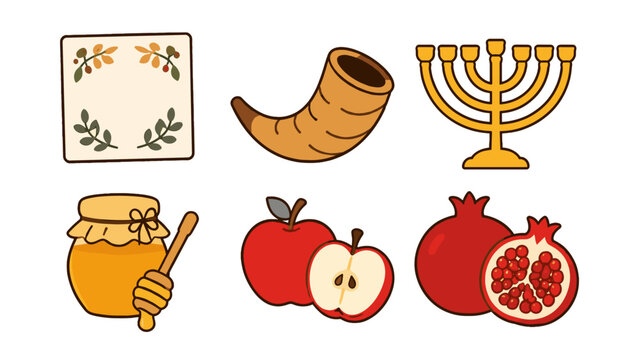 Jewish holiday icon set with shofar menorah honey and fruit