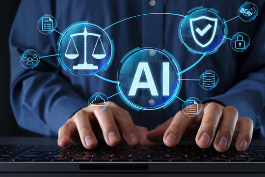 AI governance and compliance framework. Responsible AI deployment. Regulatory compliance and ethical decision making. Businessman typing on computer keyboard.