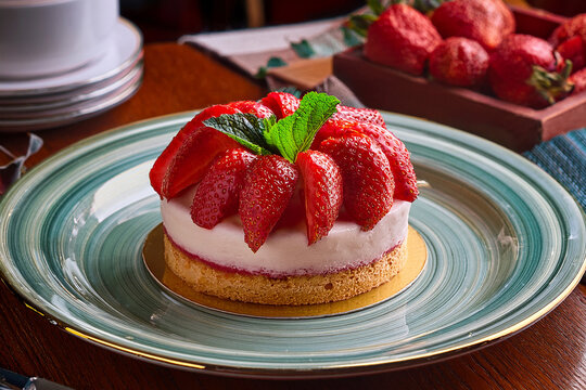 strawberry cake served in retro restaurant