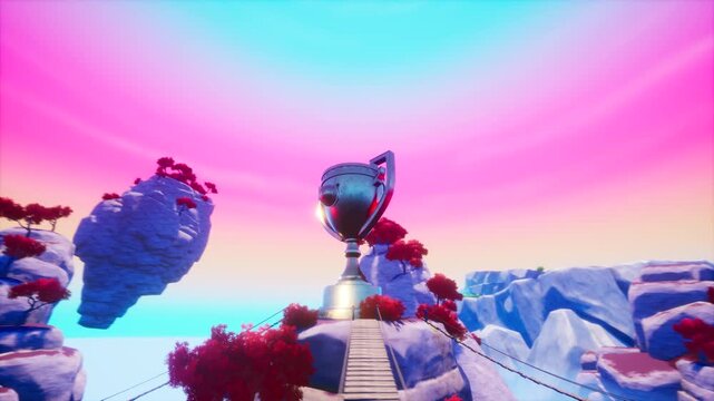 Camera Orbiting Silver Trophy Cup on Cliff with Floating Island Fantasy Landscape