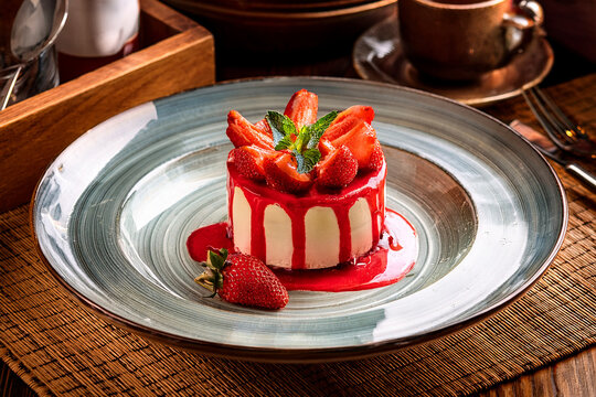 strawberry cake served in retro restaurant