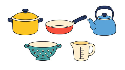 Fototapeta premium Colorful kitchen cookware set with pot pan kettle colander jug