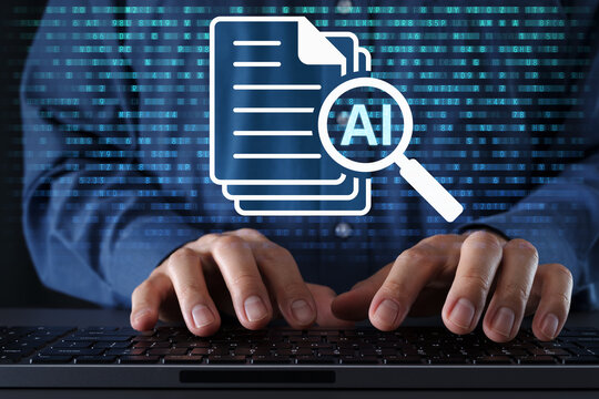 AI document and text analysis. Automatically extracting key information and insights for document classification and text summarization. Businessman typing on computer keyboard.