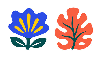 Stylized blue flower and orange leaf flat vector illustration © Andrei