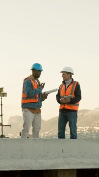City, engineer and men with tablet, handshake or planning for property development with info on web. Architect, teamwork and happy people with tech, shaking hands and inspection on construction site