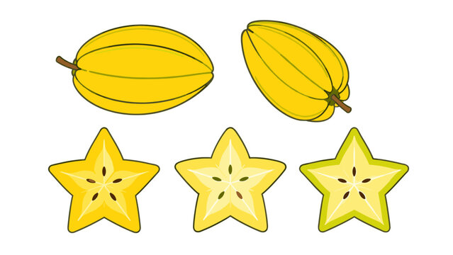 Whole and sliced yellow star fruit vector set on white