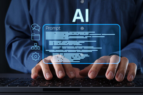 Prompt engineering and AI tools. Context engineering for optimized LLM input and high-quality AI-generated responses. Businessman typing on computer keyboard.
