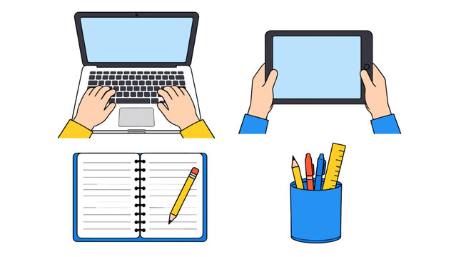 Vector set of laptop tablet notebook and desk supplies