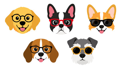 Obraz premium Set of cartoon dog faces wearing glasses and sunglasses