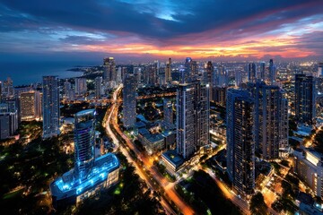 Obraz premium Vibrant Cityscape at Dusk with Illuminated Buildings and Traffic