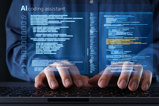 AI coding agent generating source code and automating software development workflows. Businessman using AI coding assistant on desktop computer.