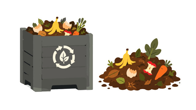 Compost bin and organic waste pile with food scraps vector