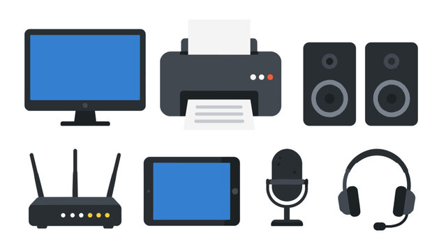Set of computer and audio device icons on white background