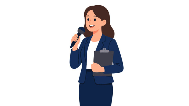 Businesswoman speaking into microphone with clipboard illustration