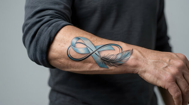 Close-up of arm with infinity and feather tattoo design