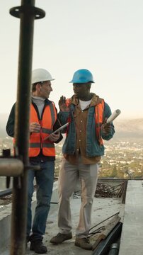 City, civil engineer and men with tablet, walk or planning for property development with info on web. Architect, teamwork and people with technology, space and quality assurance on construction site