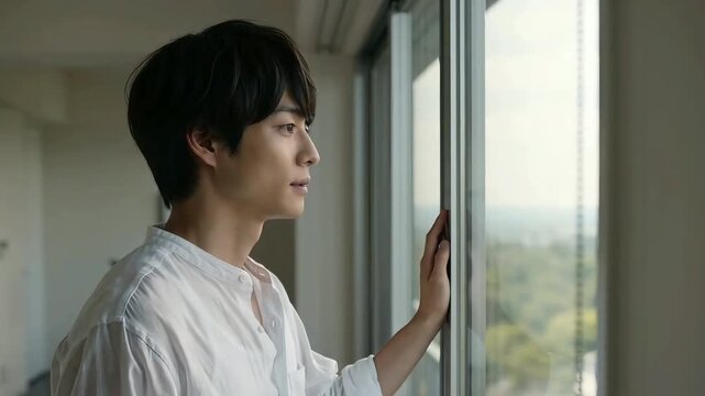 Young Asian man in white shirt standing by large window in bright modern apartment, looking outside thoughtfully and turning to smile at camera.