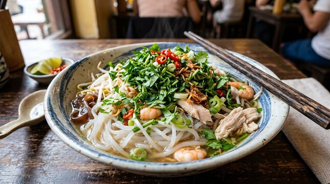 Fresh Vietnamese noodle salad bowl with grilled pork and herbs on wooden table.