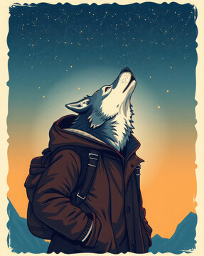 Anthropomorphic wolf character wearing a backpack gazing upward at the night sky 