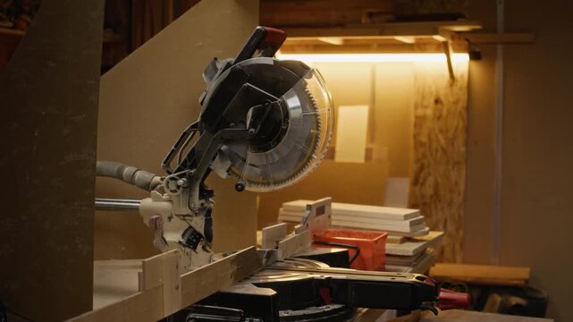 Miter saw placed on workbench in carpentry workshop, ready for woodworking projects. Professional equipment footage is ideal for hardware store commercials or DIY tutorial videos