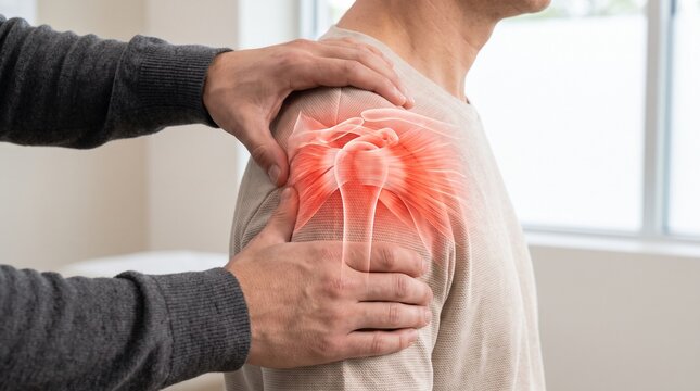 Physical Therapist Examining Shoulder Joint Pain and Rotator Cuff Injury with Digital Anatomy Visualization for Clinical Diagnosis