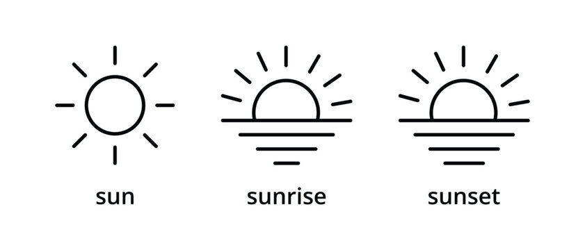 Minimal outline sun, sunrise, and sunset icons collection for weather applications, web interfaces, and daily schedule design.