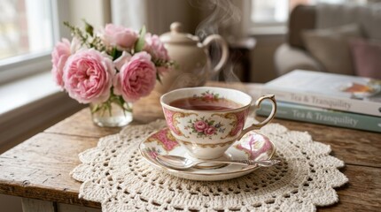 Fototapeta premium Elegant vintage teacup with fresh pink roses on lace doily by window.