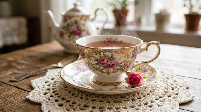 Elegant Floral Teacup and Saucer Set on Delicate Lace Doily.