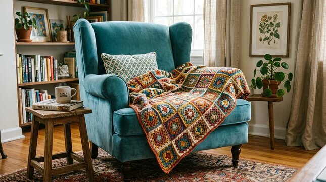 Cozy Living Room Armchair with Colorful Knitted Blanket and Bookshelf.