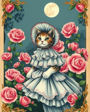 Elegant ornamental artwork of a bonneted cat character resting paws amid ruffled fabric
