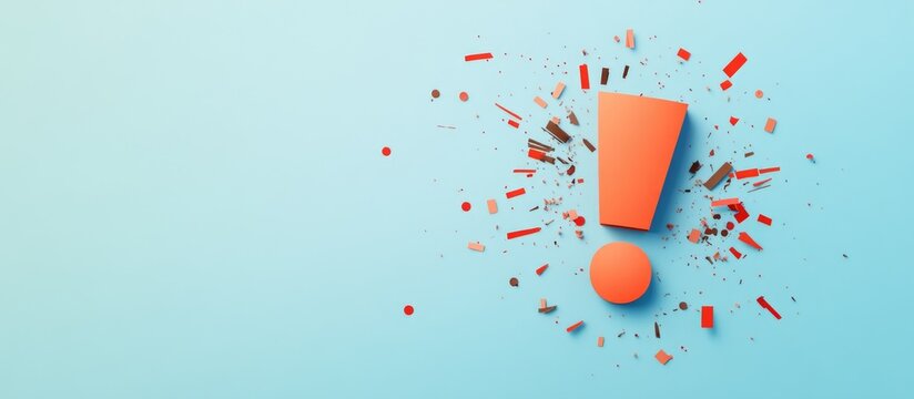3D exclamation mark in the shape of an explosion, paper cutout style, on a light blue background, simple design, with red and brown colors
