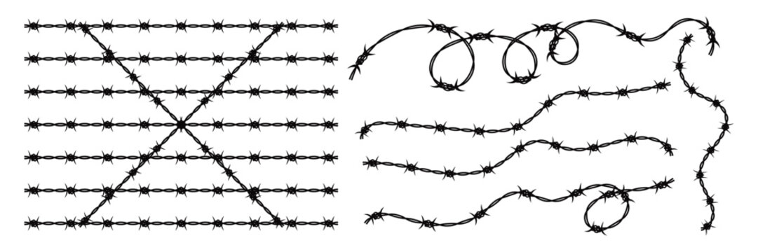 Barbed Wire Vector Set with Seamless Brush Patterns, Razor Wire Borders and Security Fence Design 
Elements